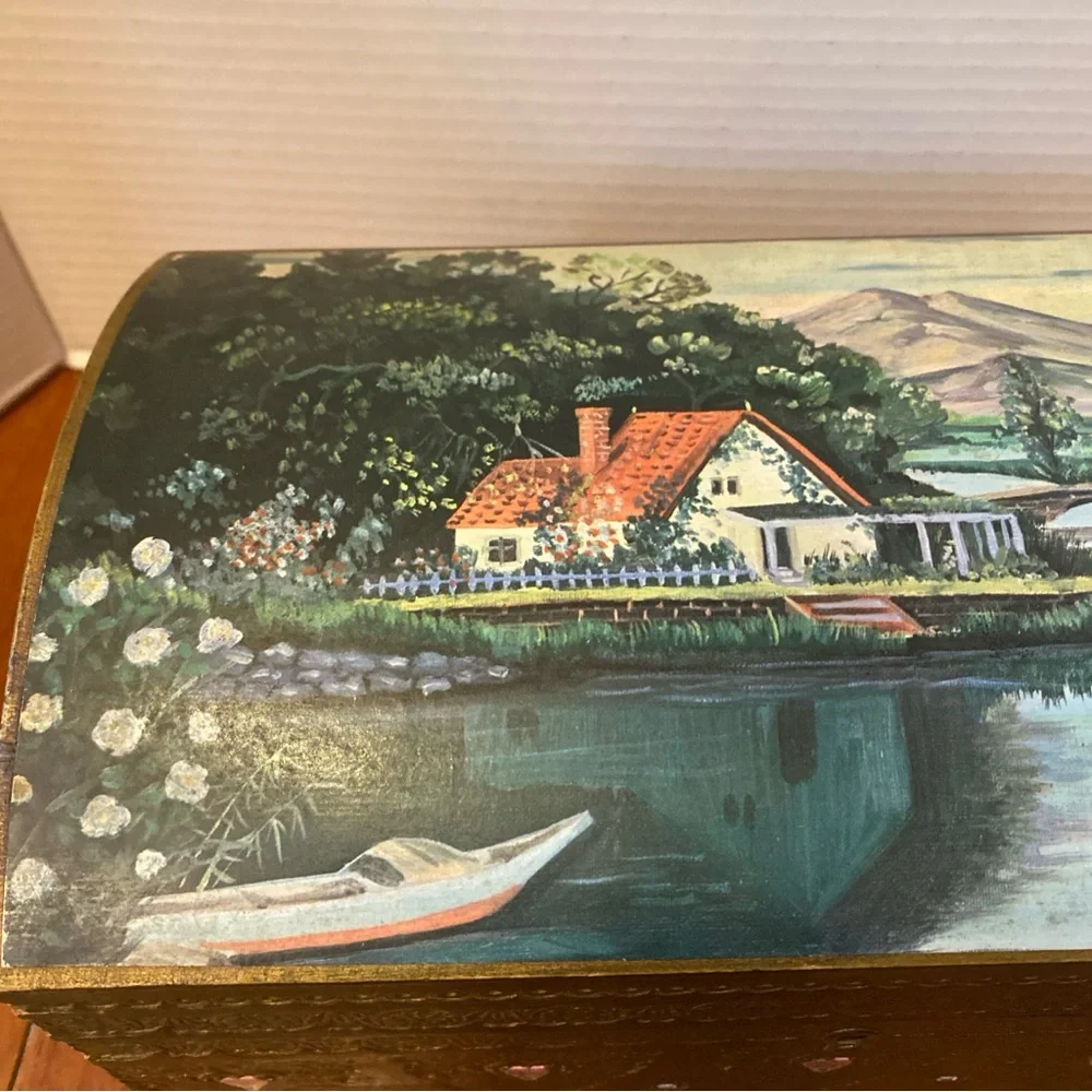 VTG Tislo Japan Hand Painted Wood Musical Jewelry Box 11x6” Works